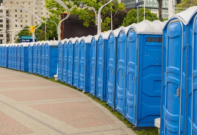 a row of portable restrooms at a trade show, catering to visitors with a professional and comfortable experience in Baldwin, NY